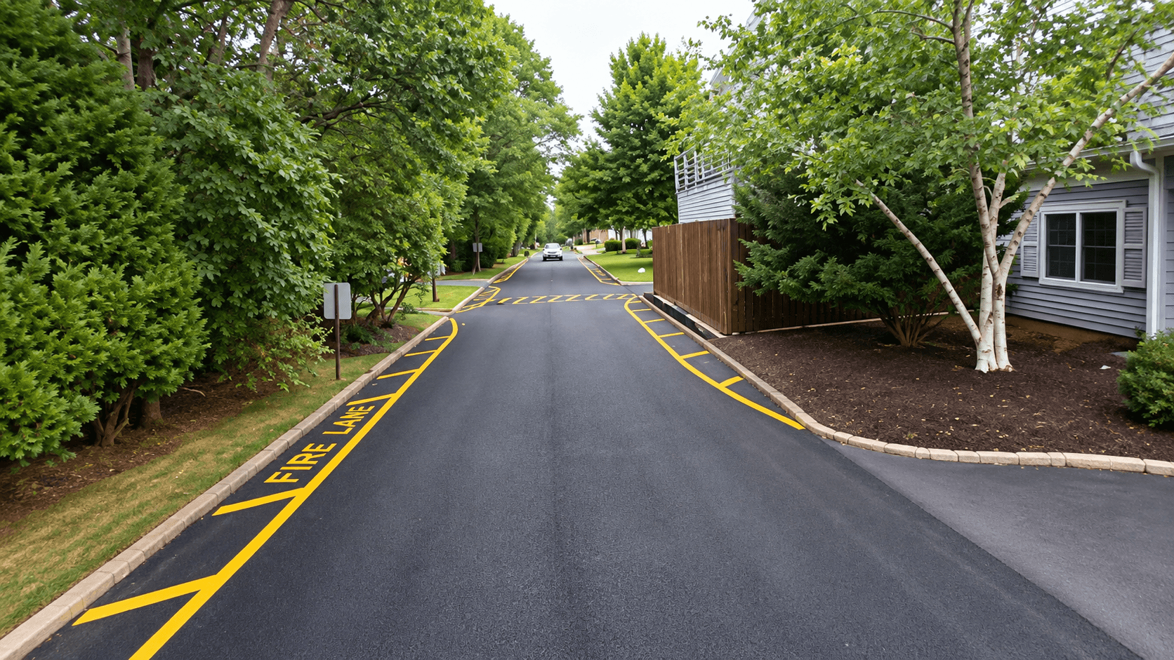 Commercial parking lot with fire lane markings after mill and pave rebuild in Long Island, NY