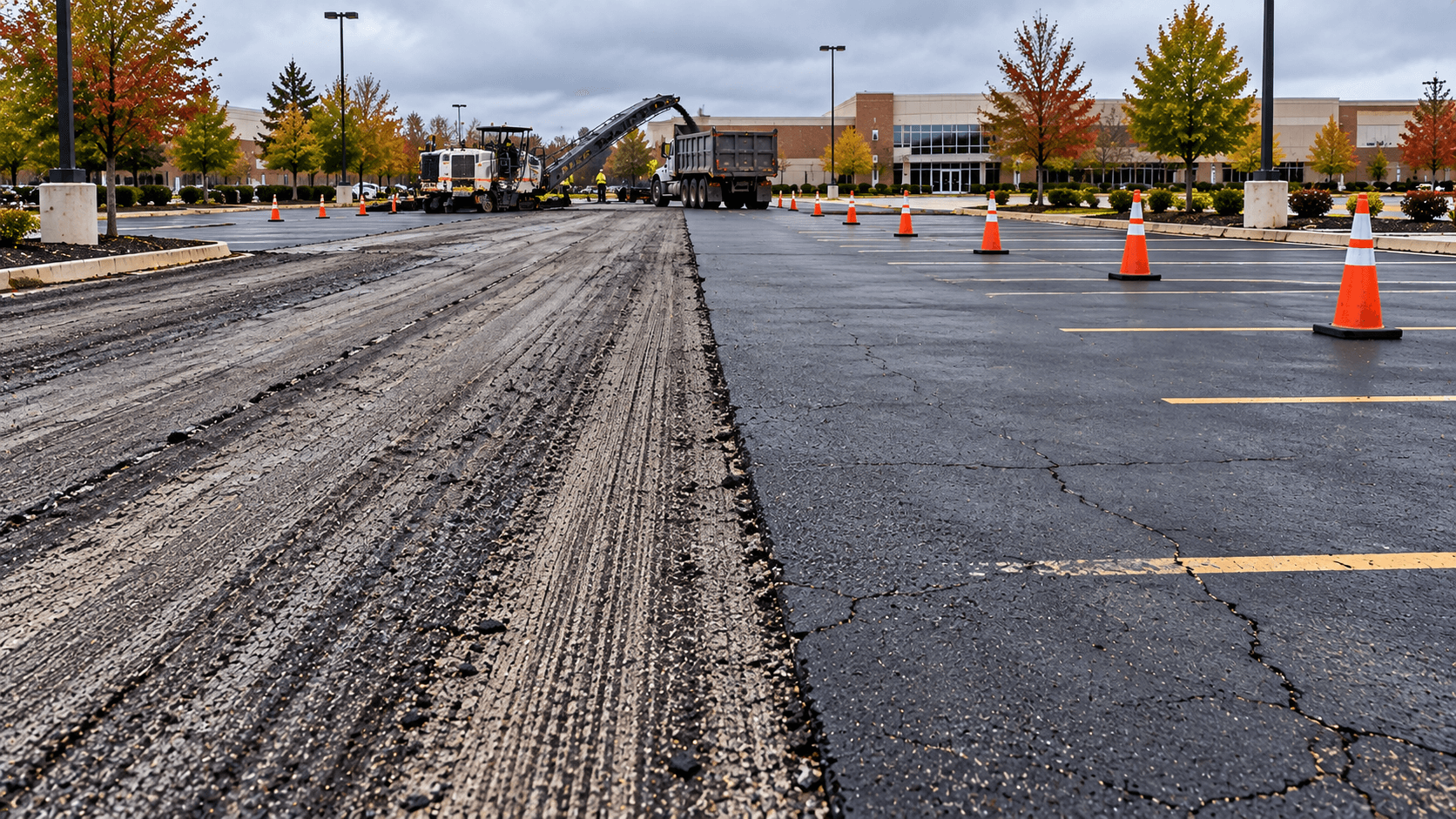 Phased asphalt milling project keeping part of a commercial lot open during work