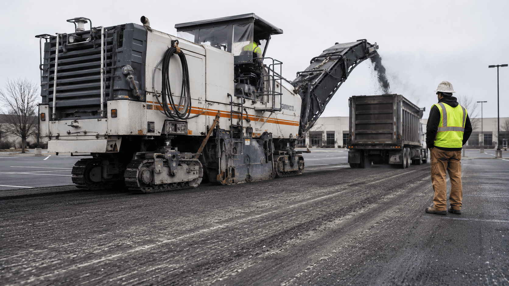 Asphalt milling machine grinding off the top layer of a commercial parking lot