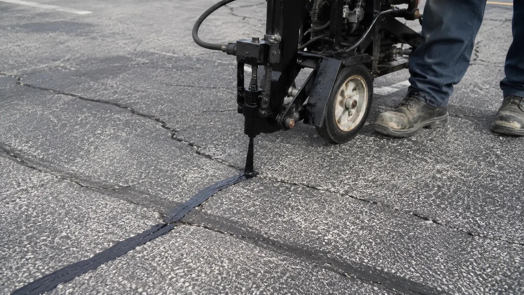 Cracked and oxidized commercial asphalt surface requiring crack filling before seal coating