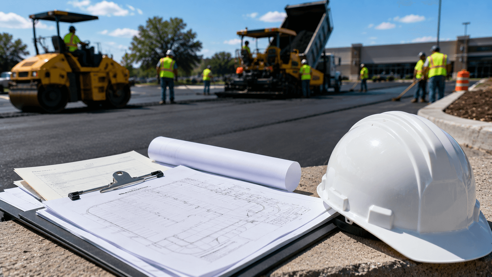 Permit paperwork and site plans laid out at a commercial parking lot paving project