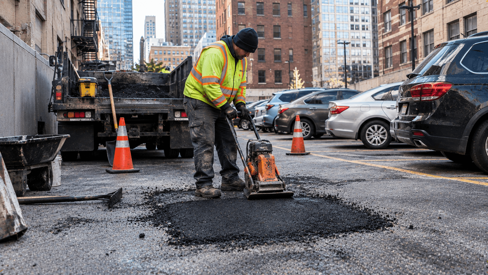Technician performing emergency pothole repair on a tight Manhattan commercial parking lot