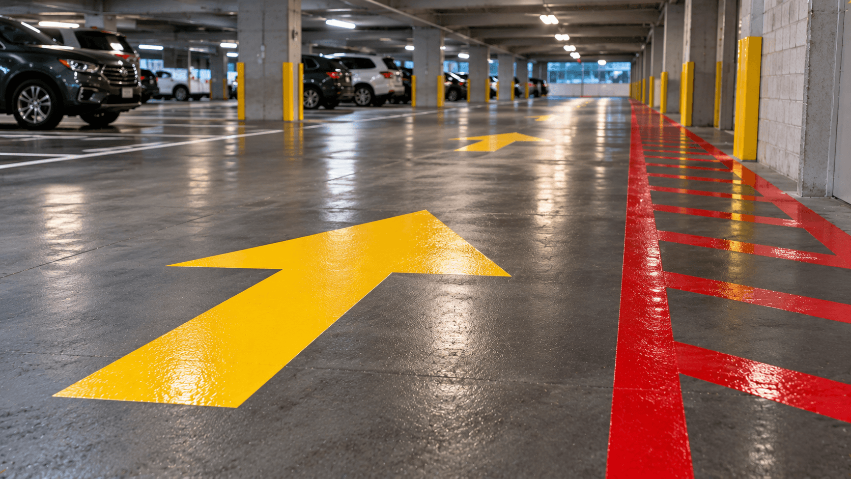 Reflective directional arrows and fire lane markings on a New York City parking garage level