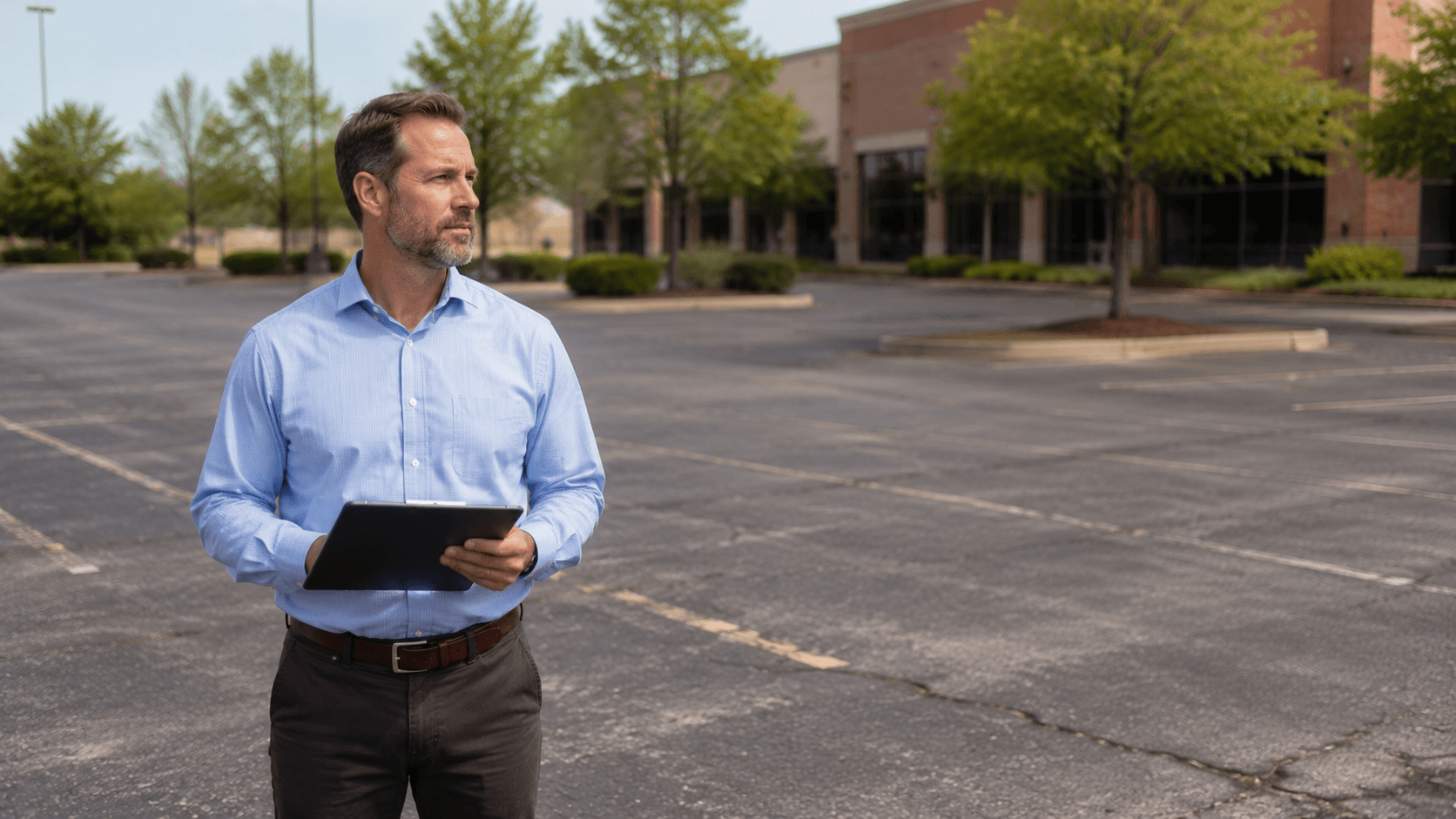 Property manager inspecting a commercial parking lot with a checklist