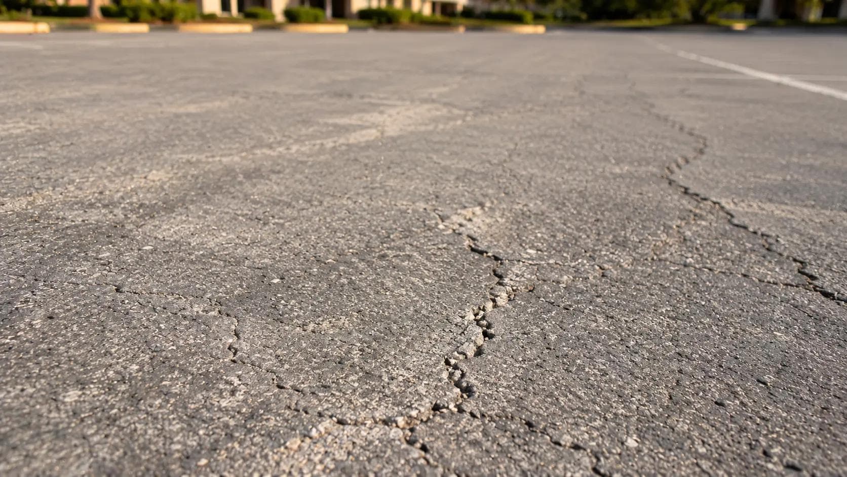 Oxidized grey commercial asphalt surface showing UV damage and early surface deterioration