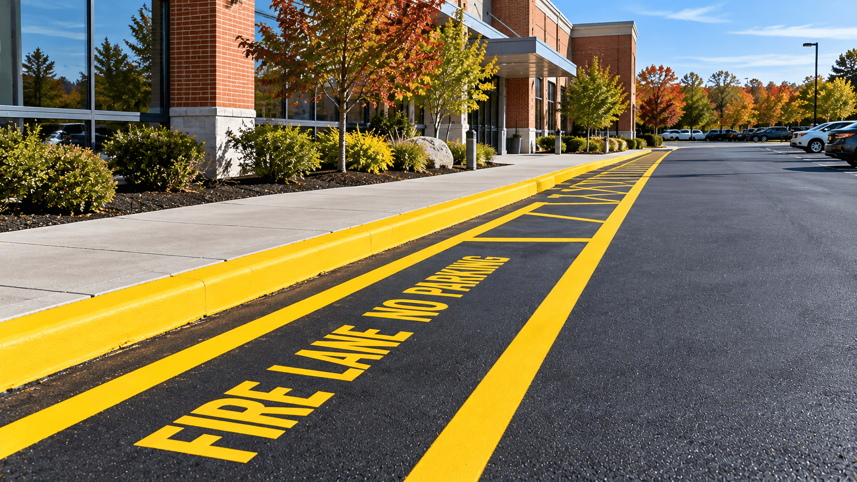 Close-up of traffic yellow fire lane paint and lettering on a Connecticut commercial parking lot