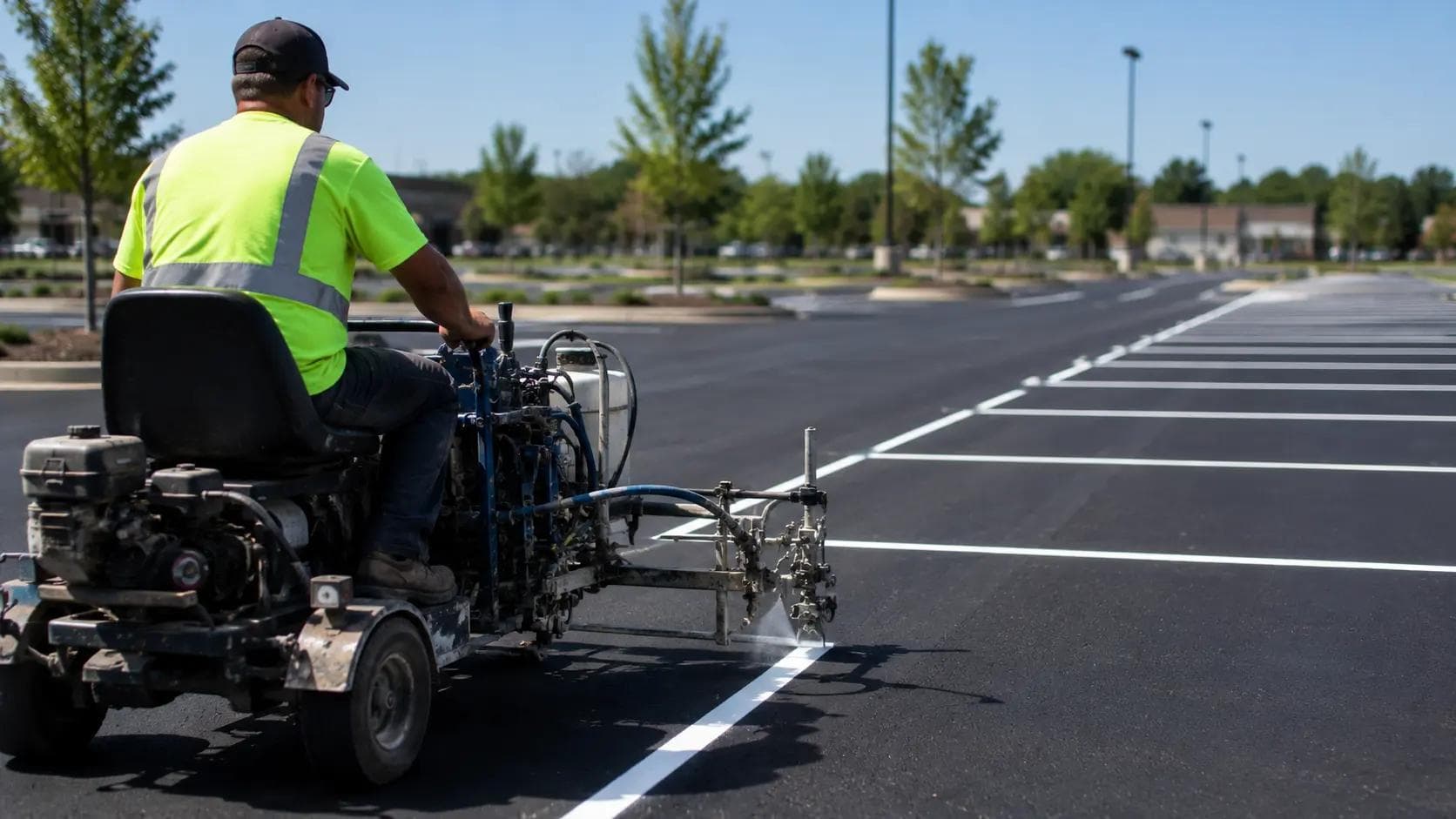 Parking lot line striping machine applying fresh white stall lines on commercial asphalt