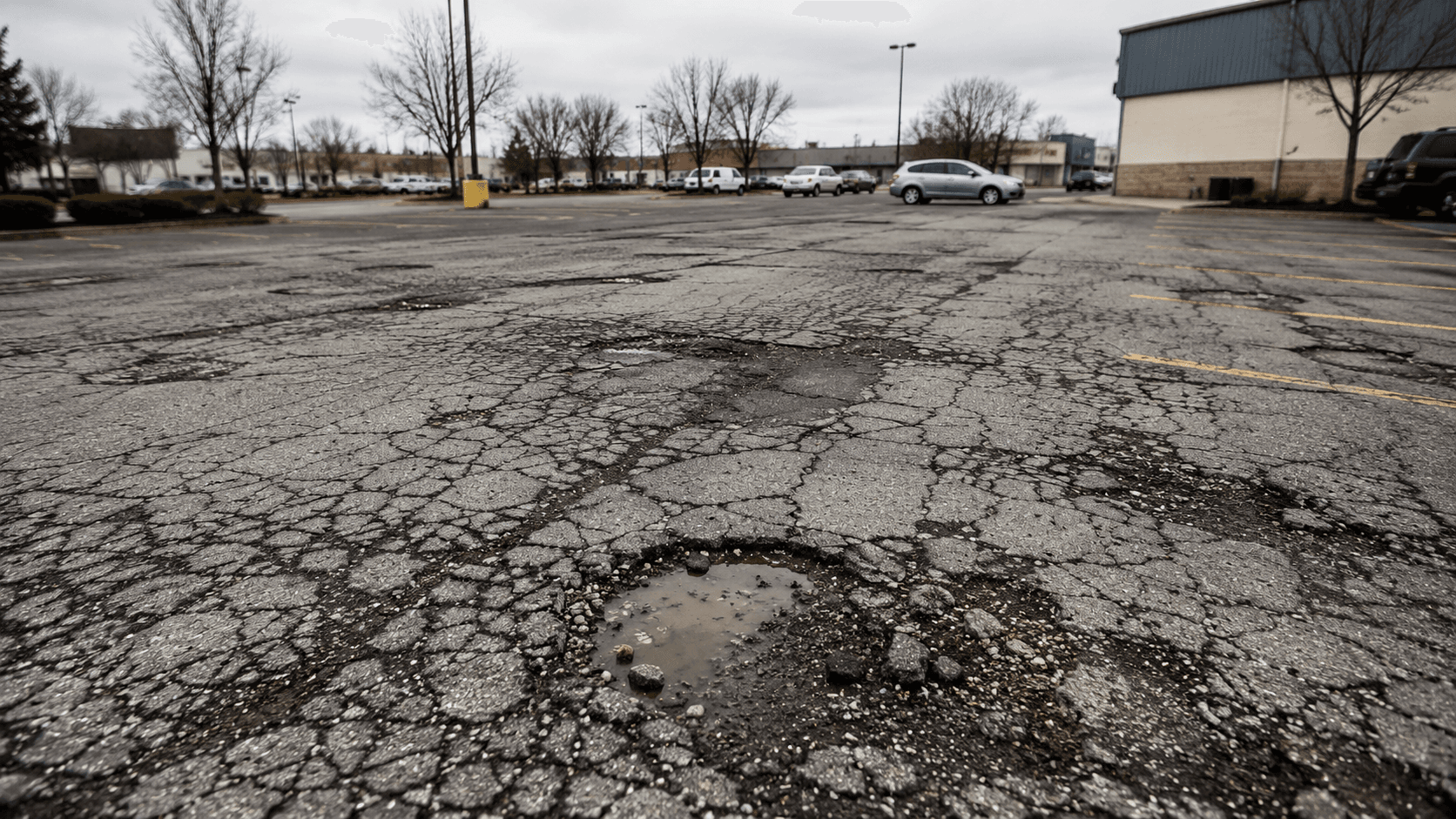 Severely deteriorated commercial parking lot with widespread structural failure requiring full replacement