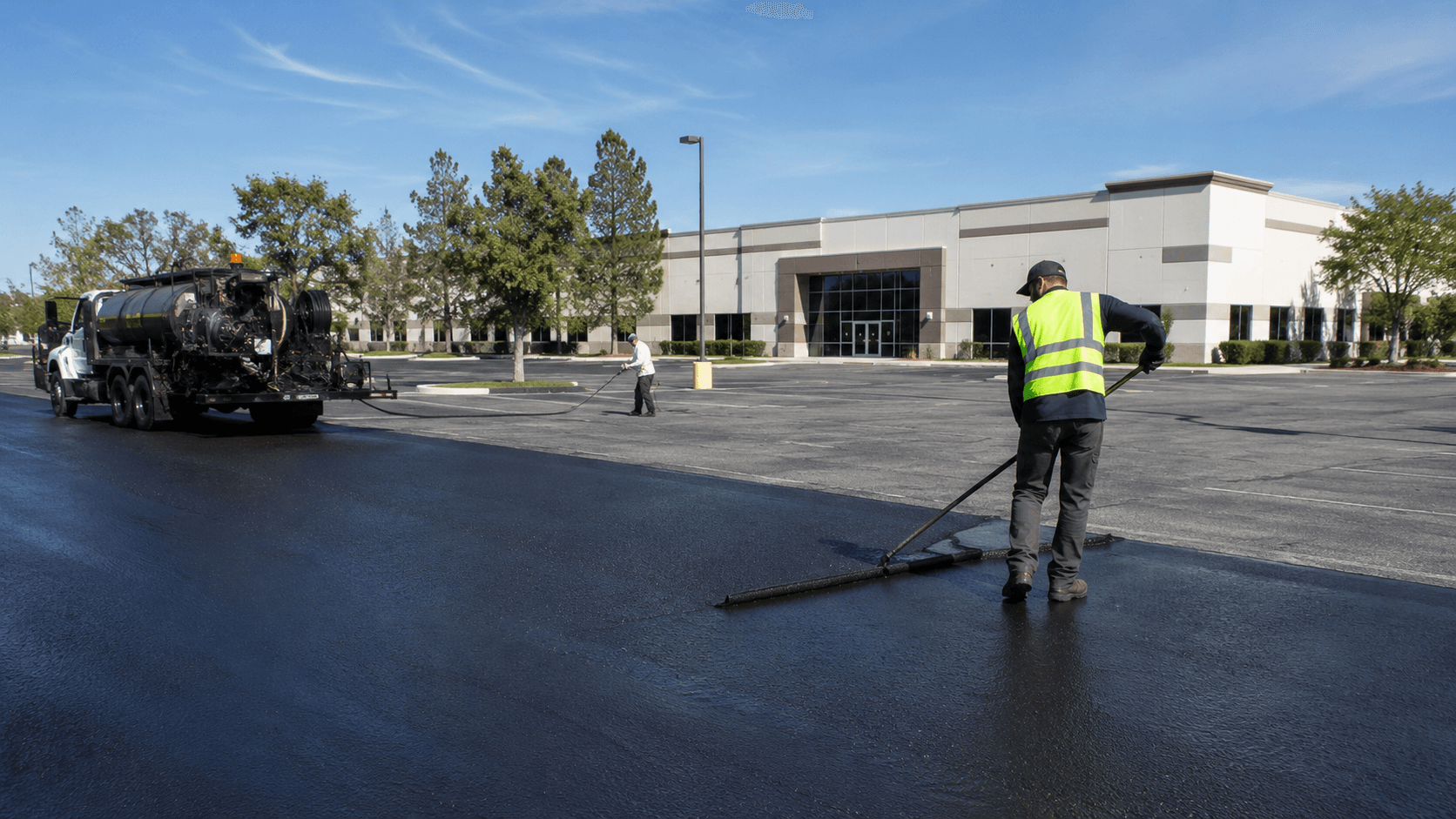Professional seal coating application on a large commercial parking lot