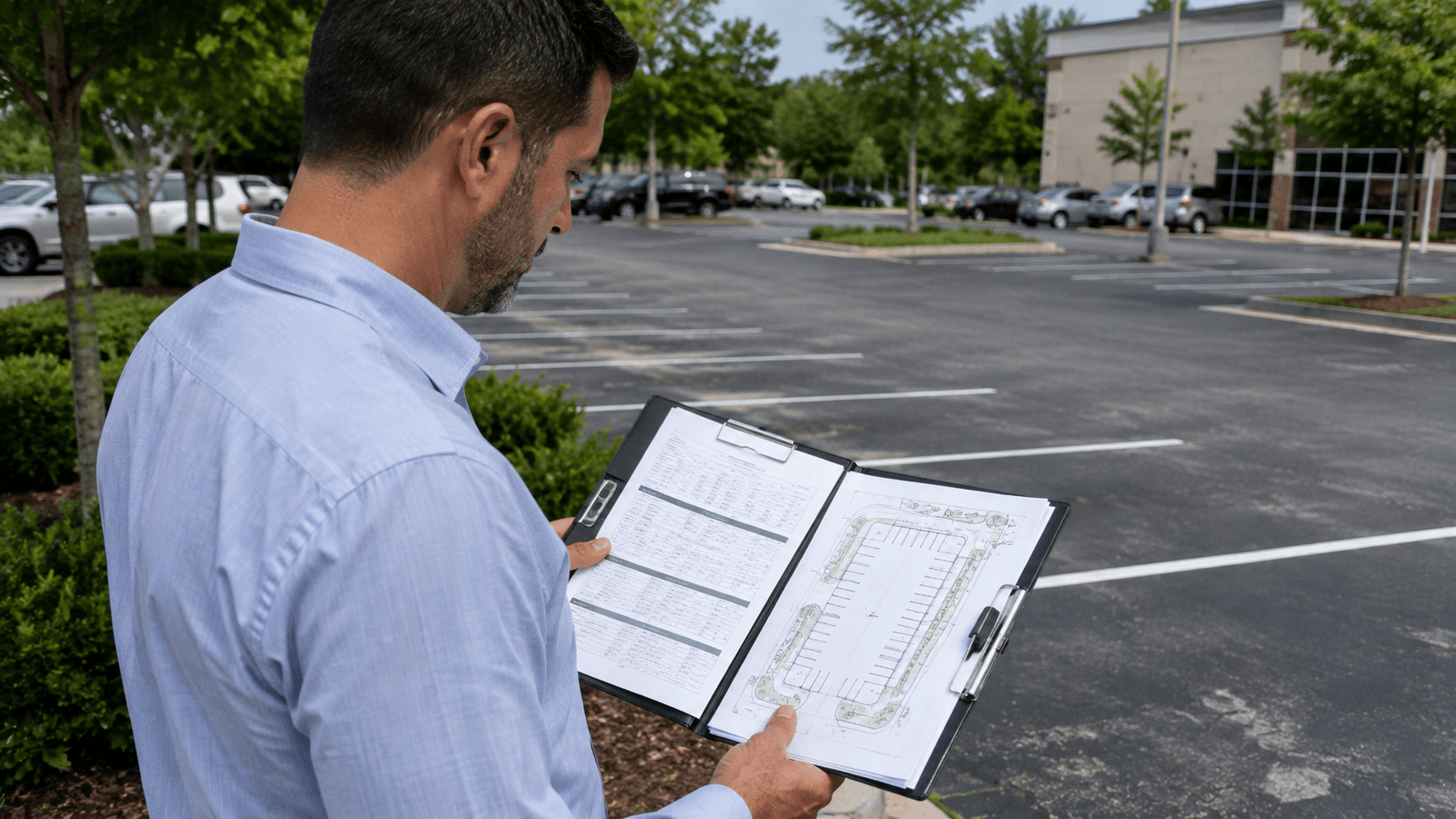 Property manager reviewing a detailed parking lot striping quote and layout plan