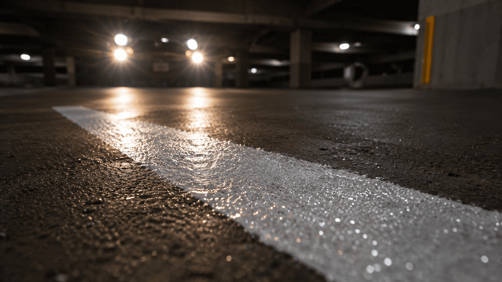 Close-up of reflective glass bead striping catching headlight glare in a parking garage