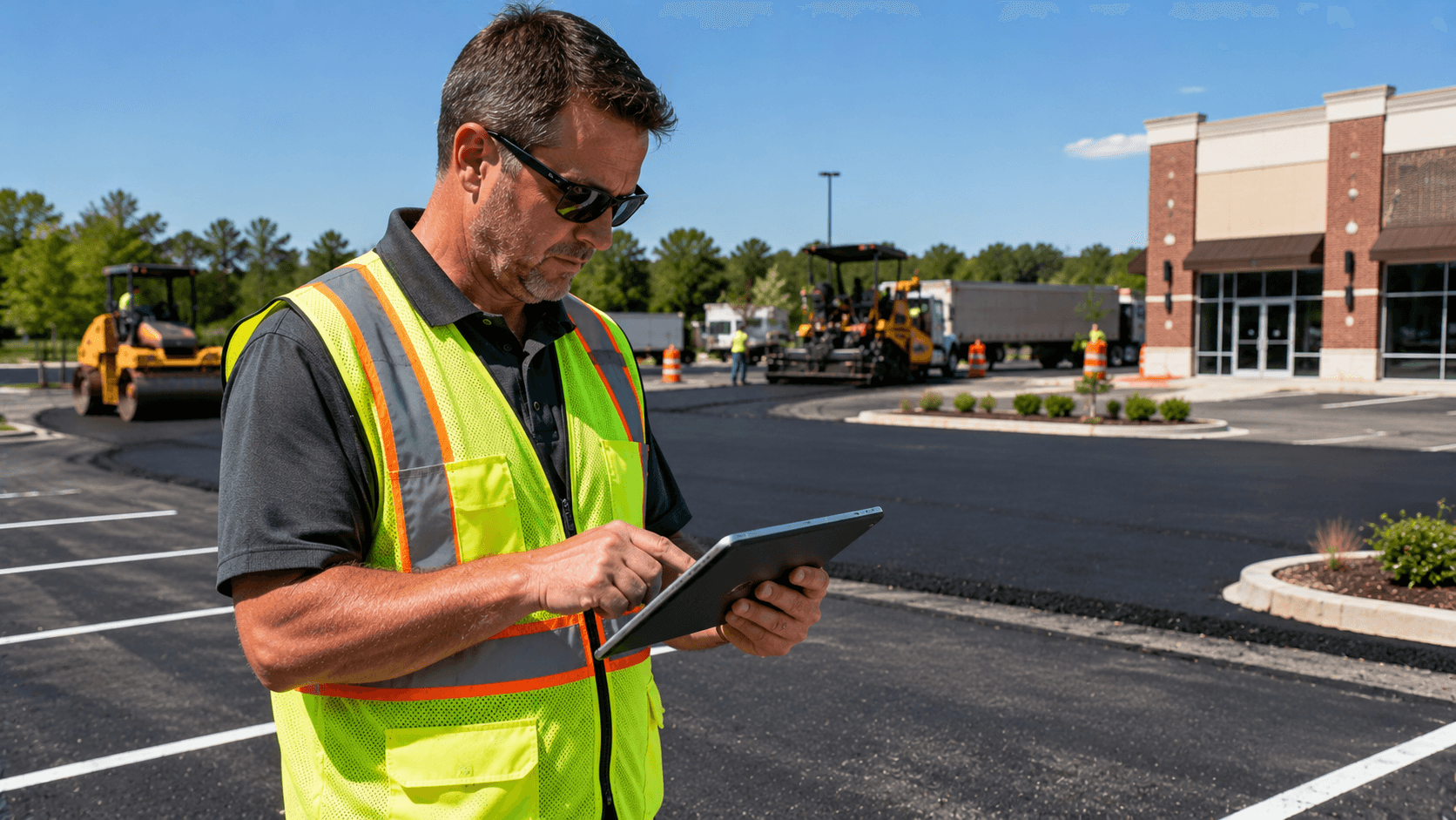 Contractor reviewing city permit documents on a tablet at a parking lot job site
