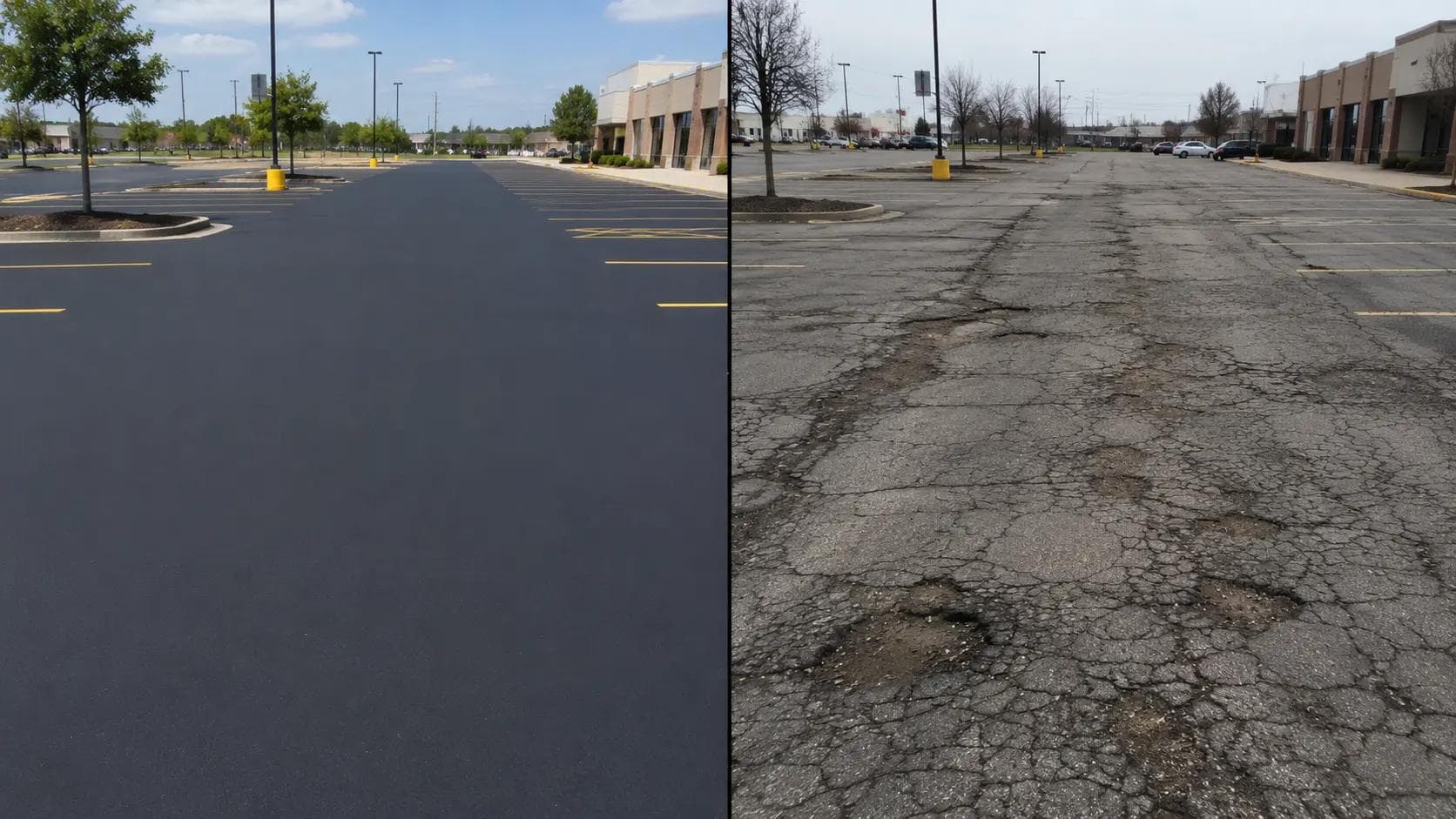 Comparison of well-maintained seal coated parking lot vs deteriorated asphalt with alligator cracking