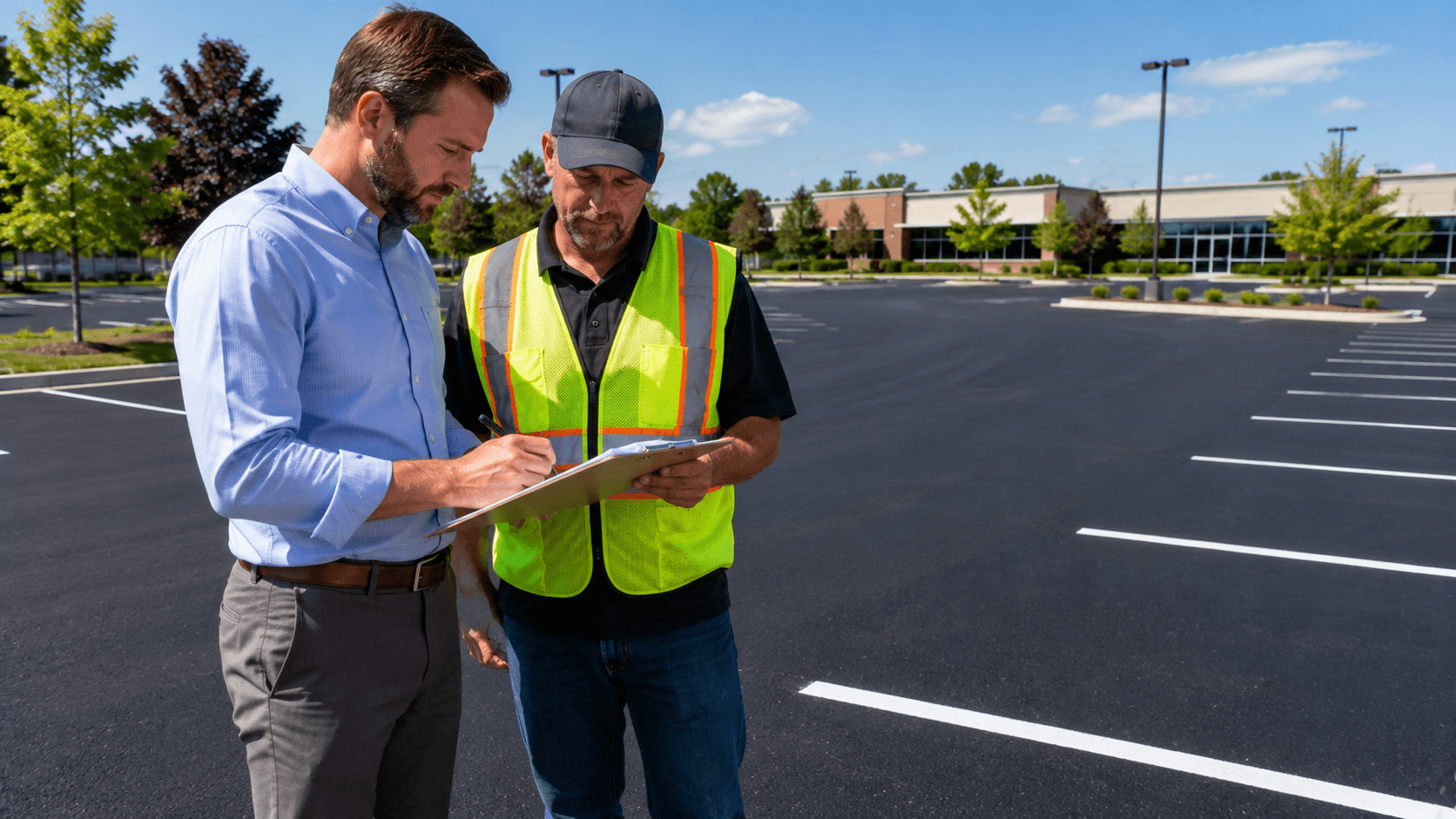 Property manager reviewing a paving contract with a contractor on a commercial lot