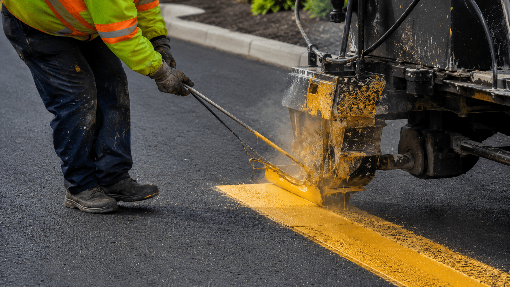 Thermoplastic being applied to a fire lane on a commercial parking lot