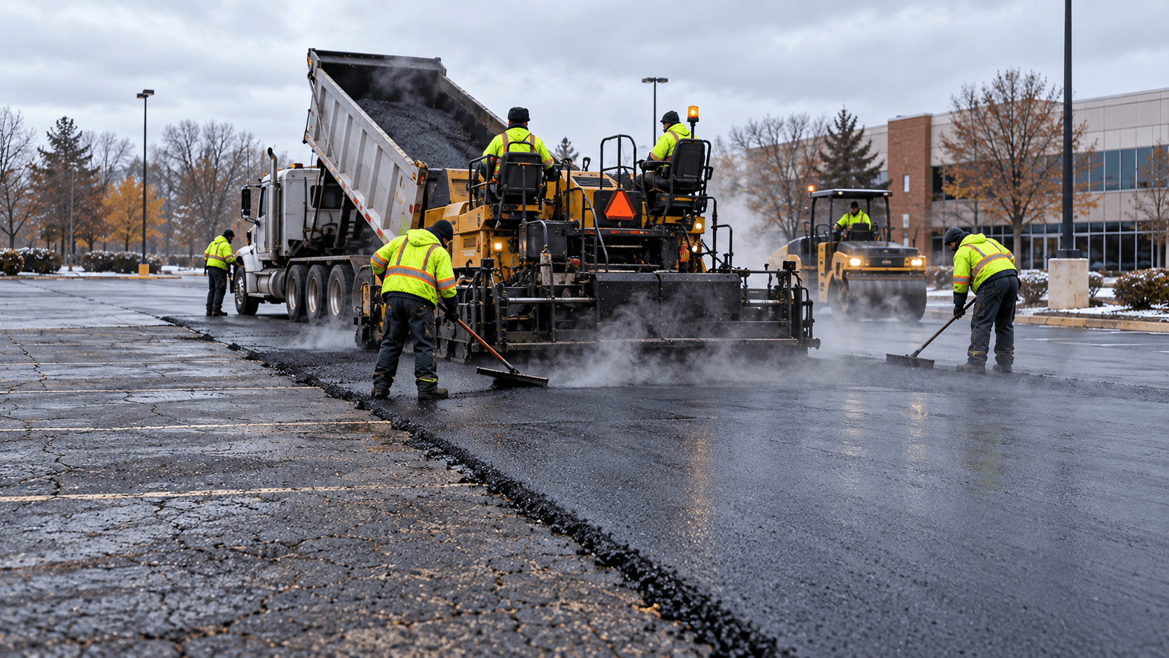 Commercial paving crew completing a cold weather asphalt installation