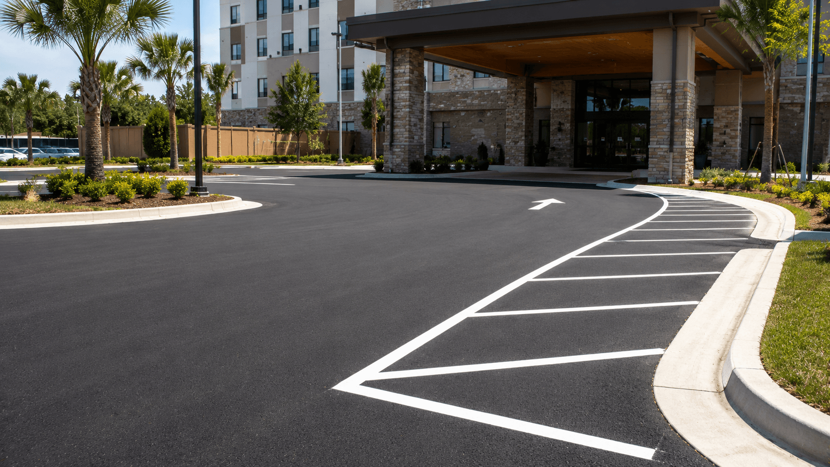 Freshly paved hotel entrance with valet drop-off lane and clean striping