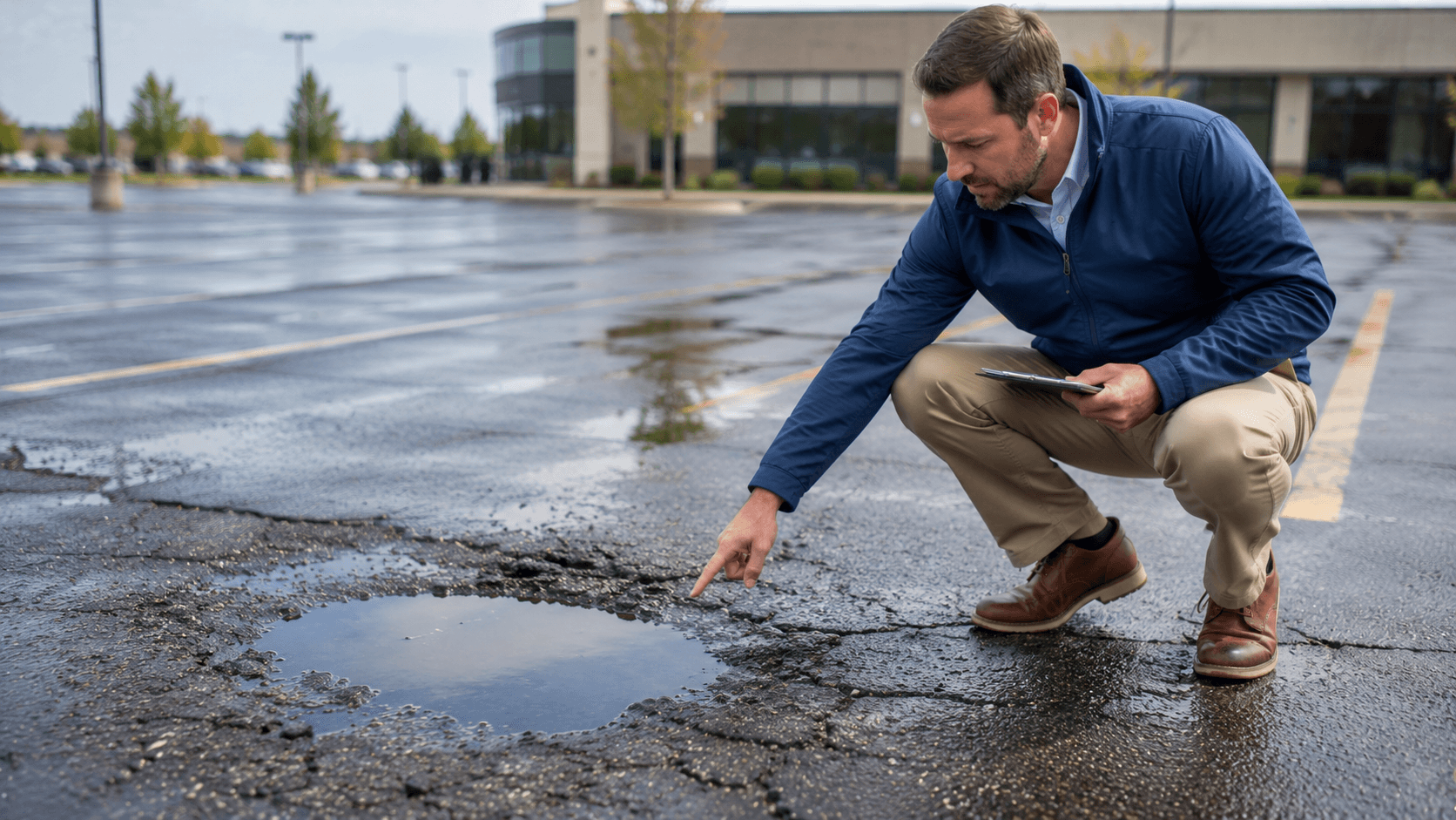 Property manager pointing out a low spot with standing water on a commercial parking lot