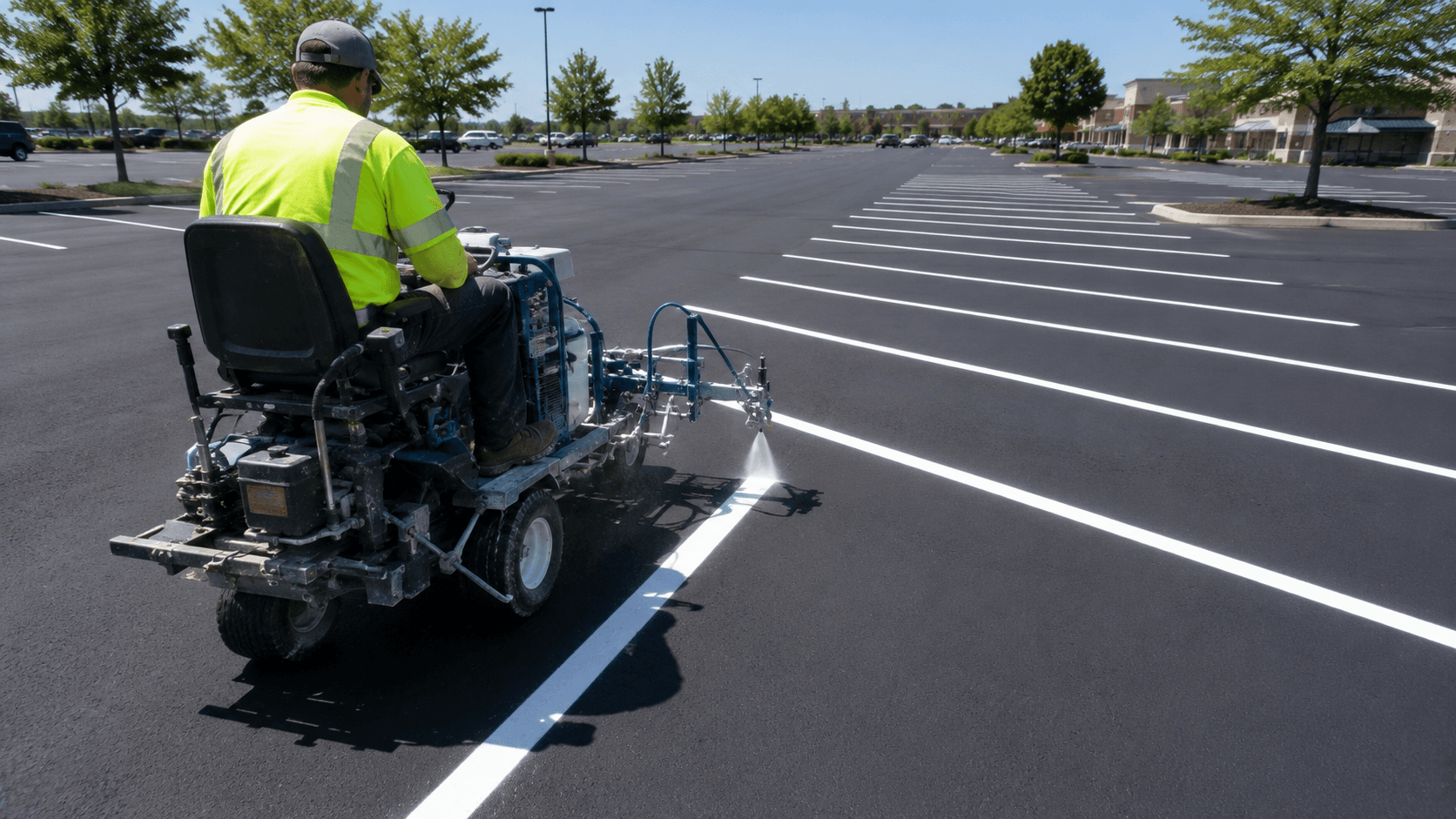 Line striping machine laying out angled parking stalls on a commercial lot