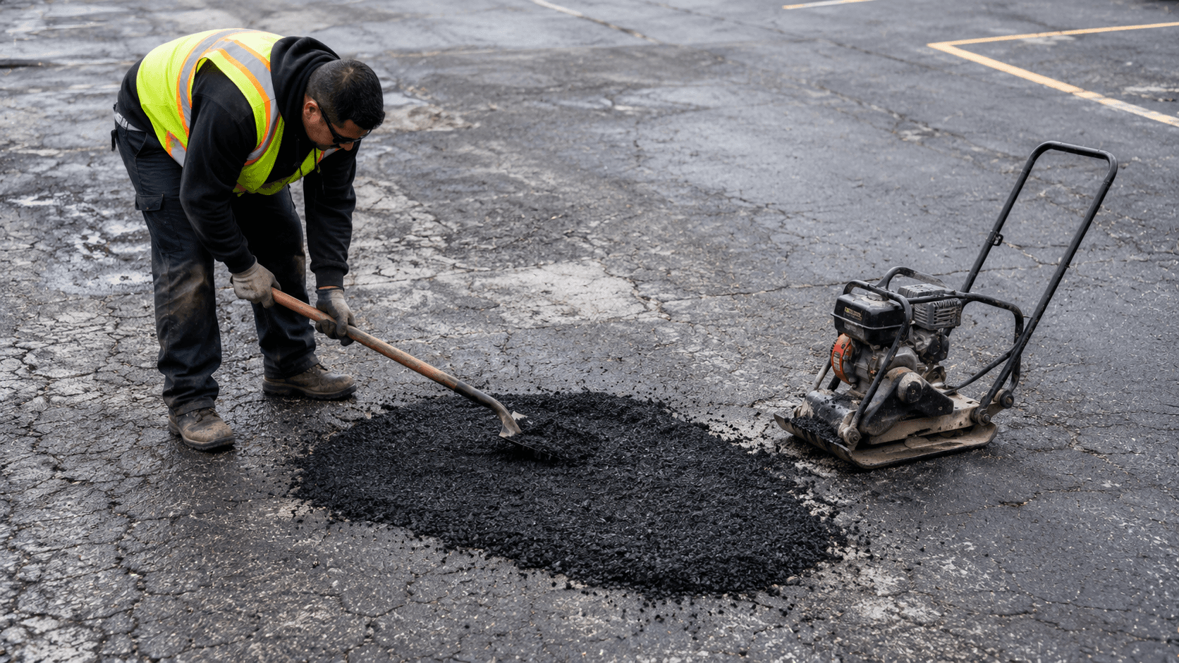 Technician repairing a commercial parking lot pothole with fresh hot mix asphalt