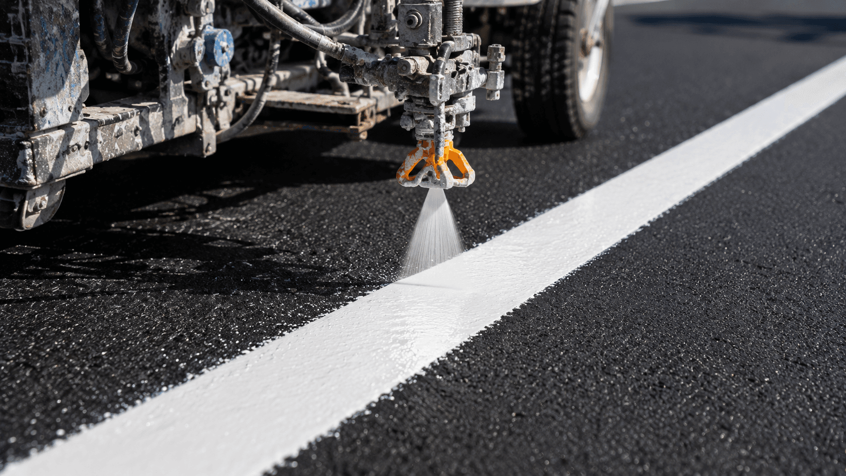Close-up of a fresh white line being painted on a commercial parking lot