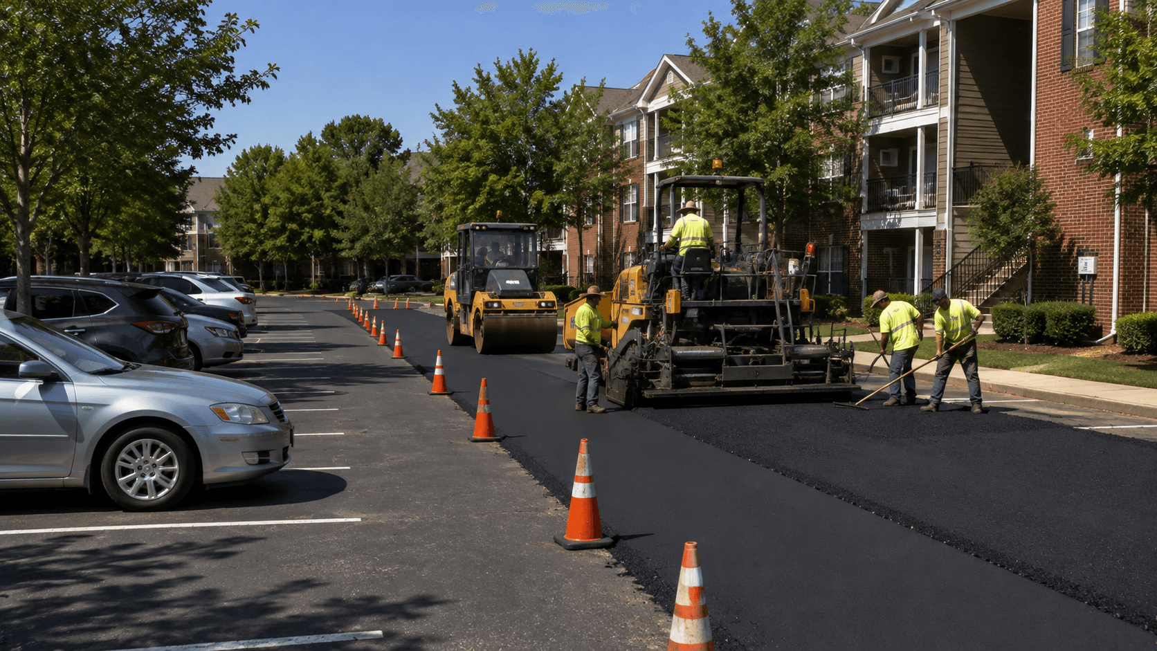 Paving crew working on one section of a multi-family parking lot while another section remains open to residents