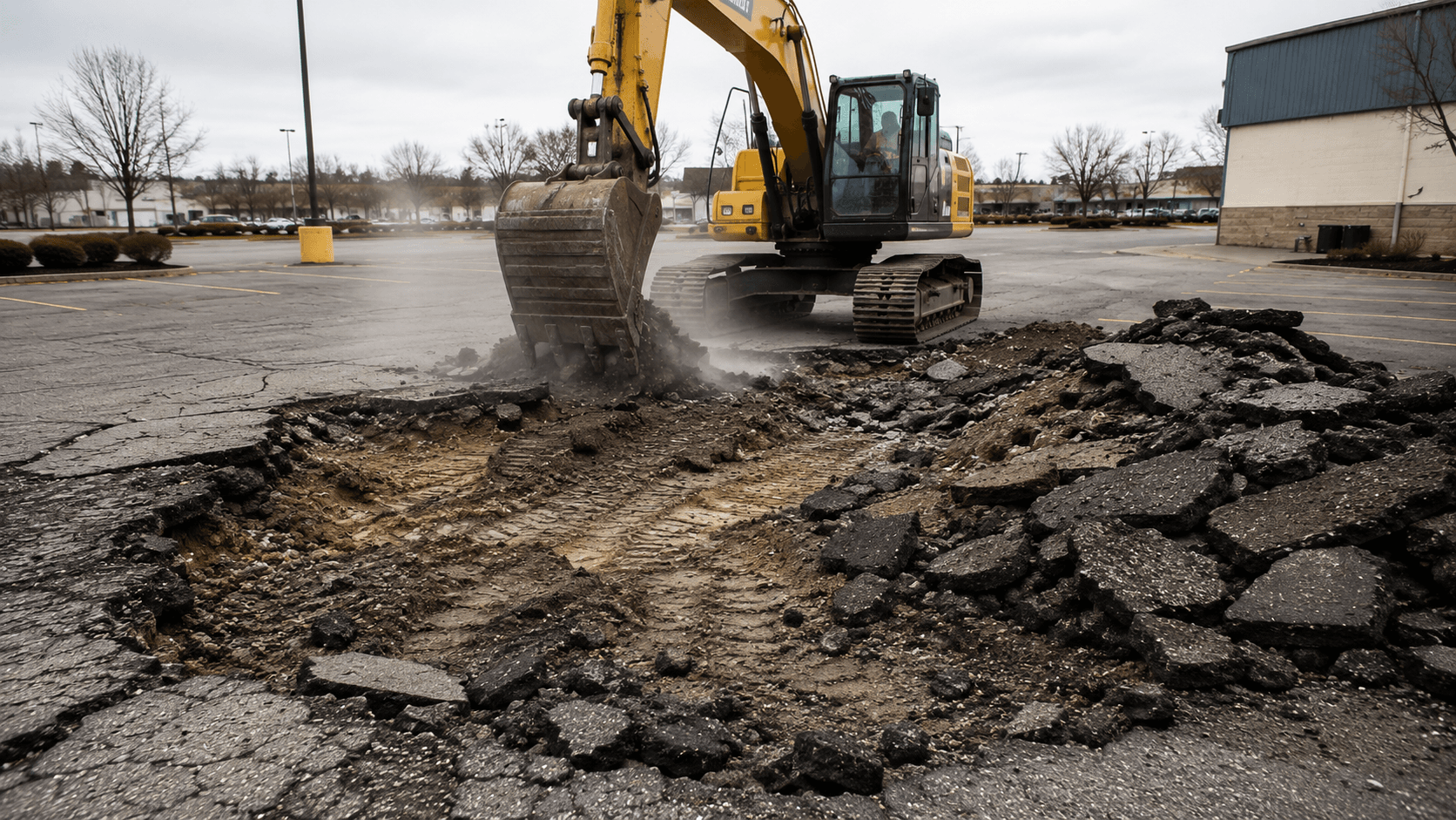 Excavator removing a fully failed commercial parking lot section down to the sub-base