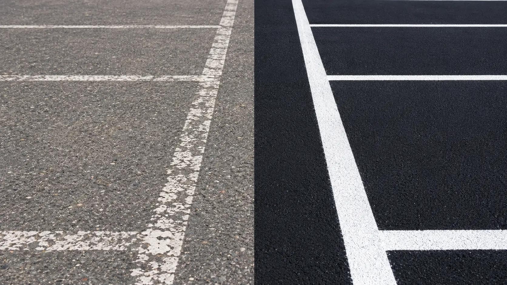 Comparison of faded standard paint striping vs durable thermoplastic markings on commercial parking lot