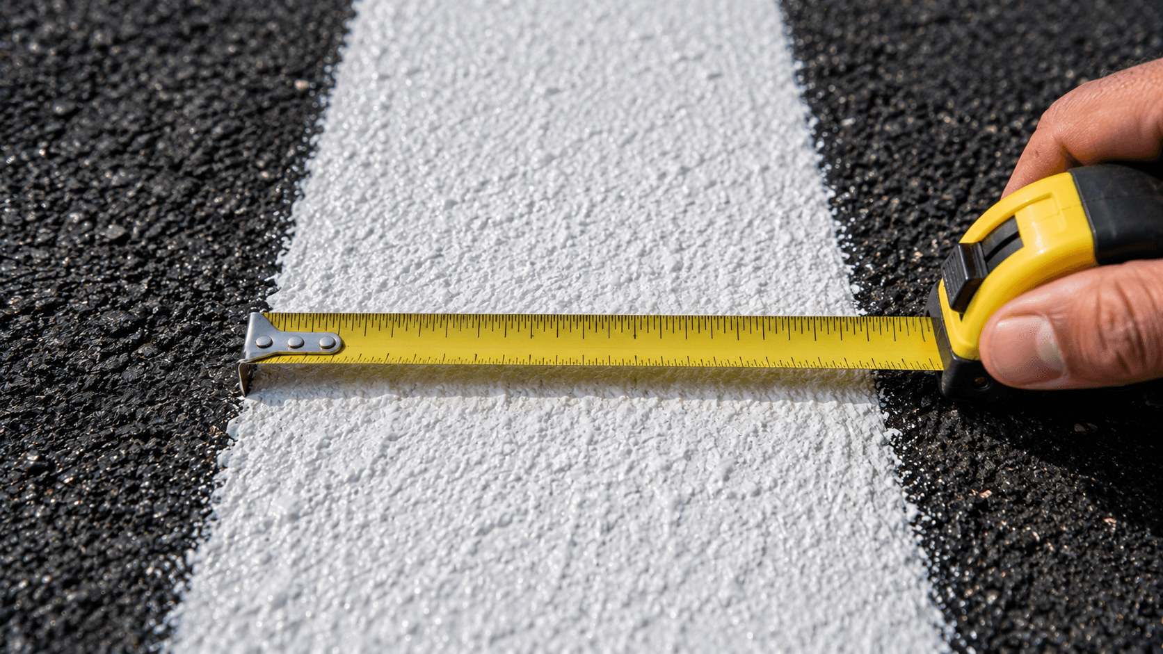 Tape measure confirming exact 4 inch width of a freshly painted parking lot line