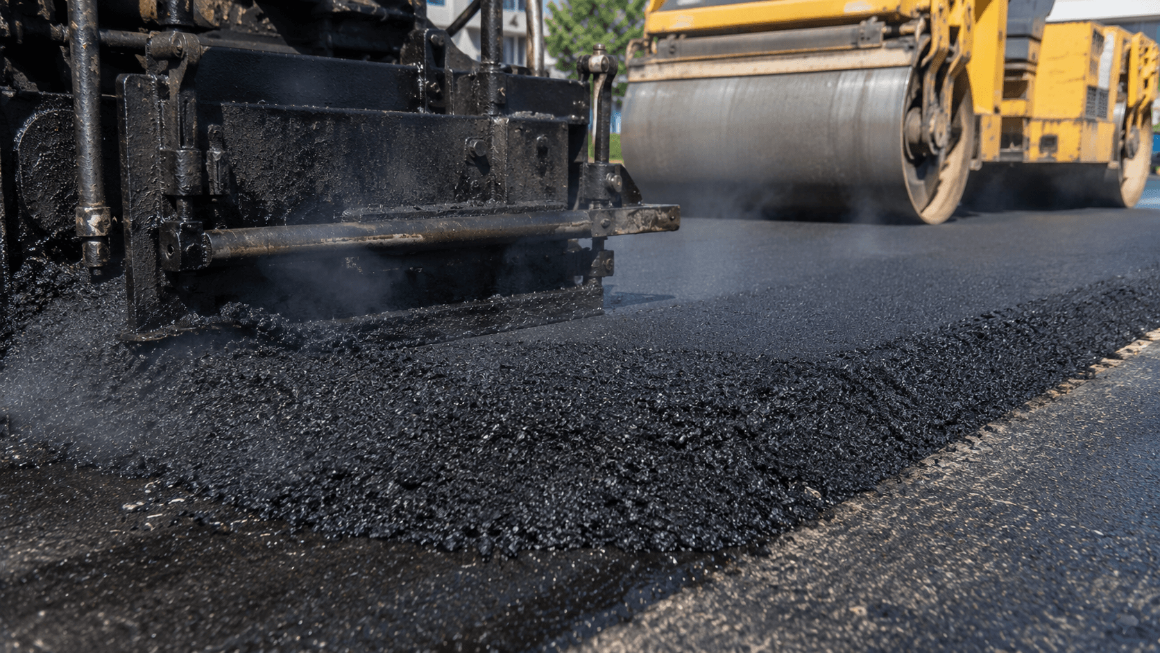 Fresh hot-mix asphalt being laid and compacted on a commercial parking lot