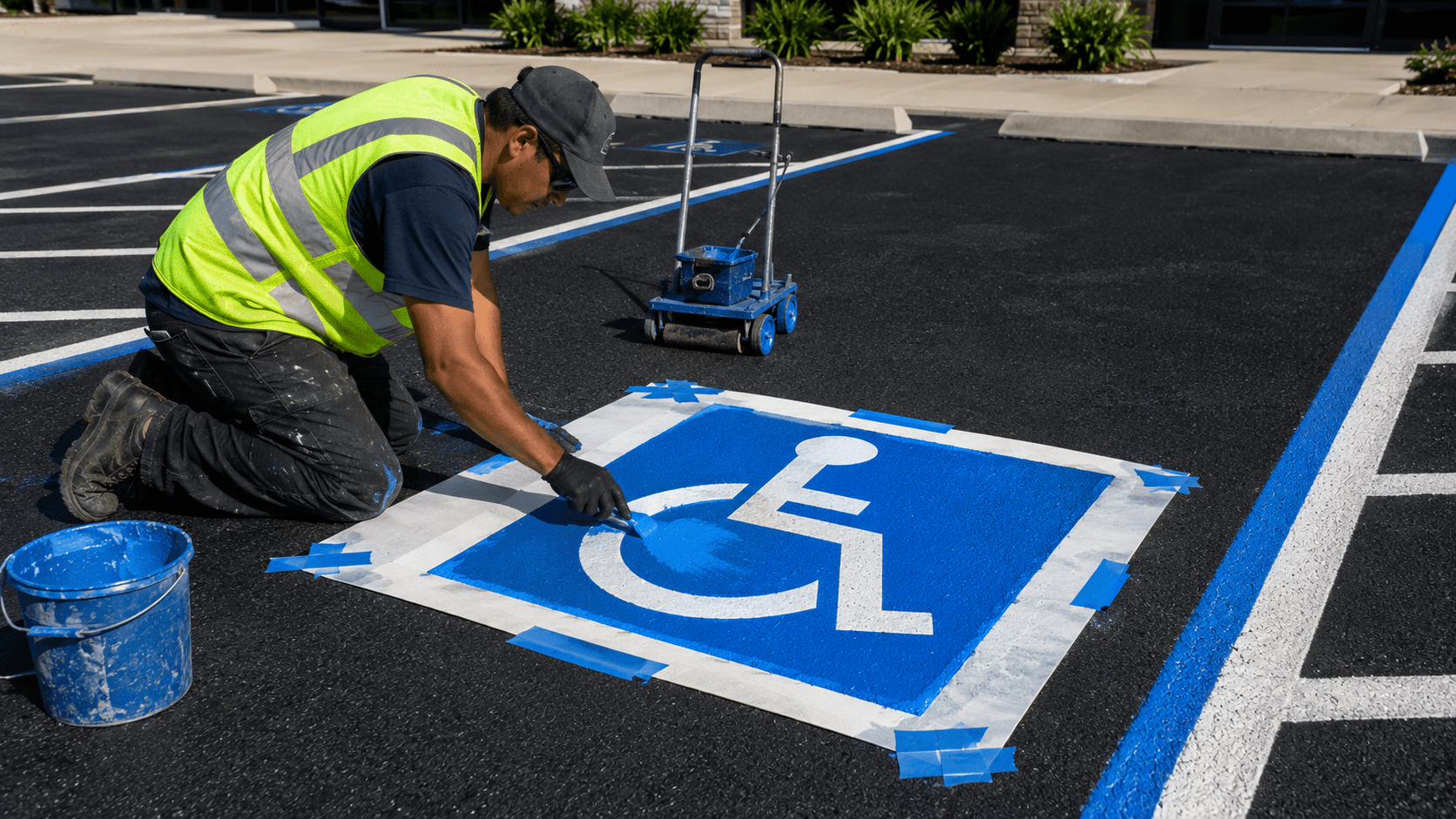 Worker working on ADA PARKING LOT MARKING