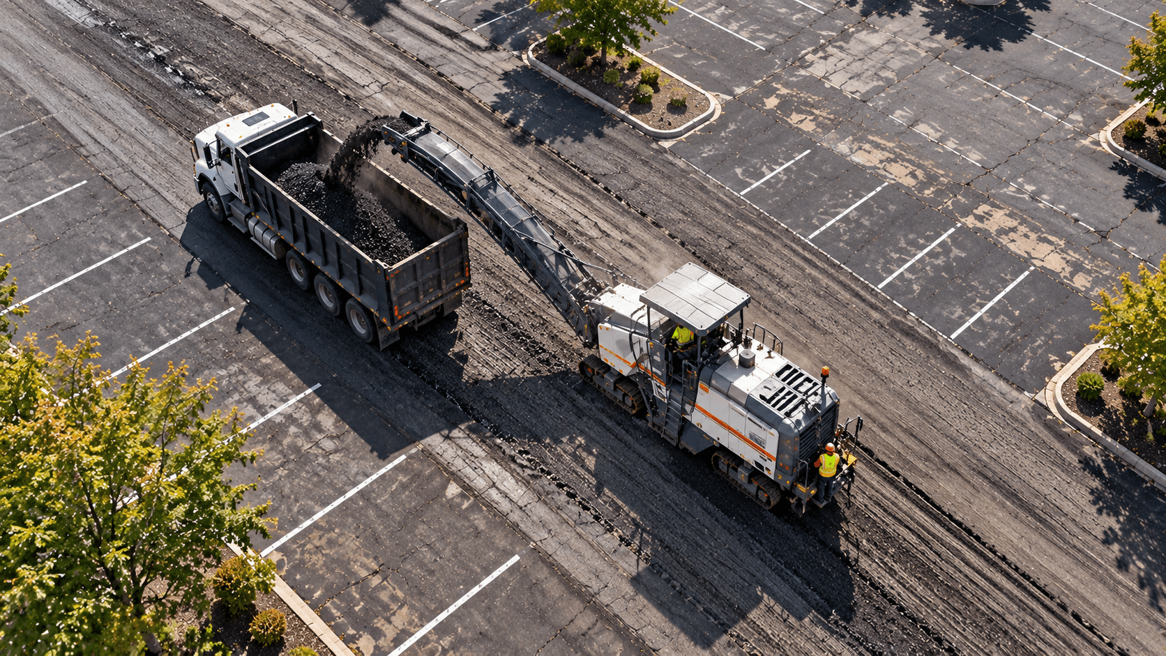 Commercial asphalt milling machine working alongside a hauling truck on a large parking lot