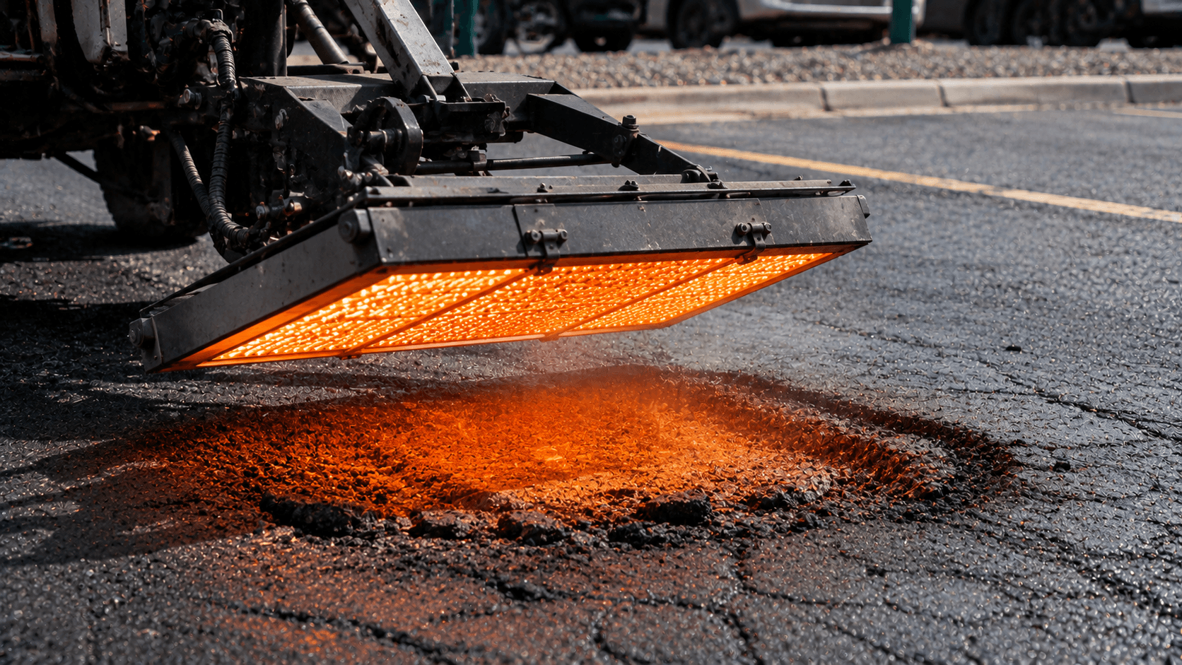 Infrared asphalt repair machine heating a pothole before seamless repair