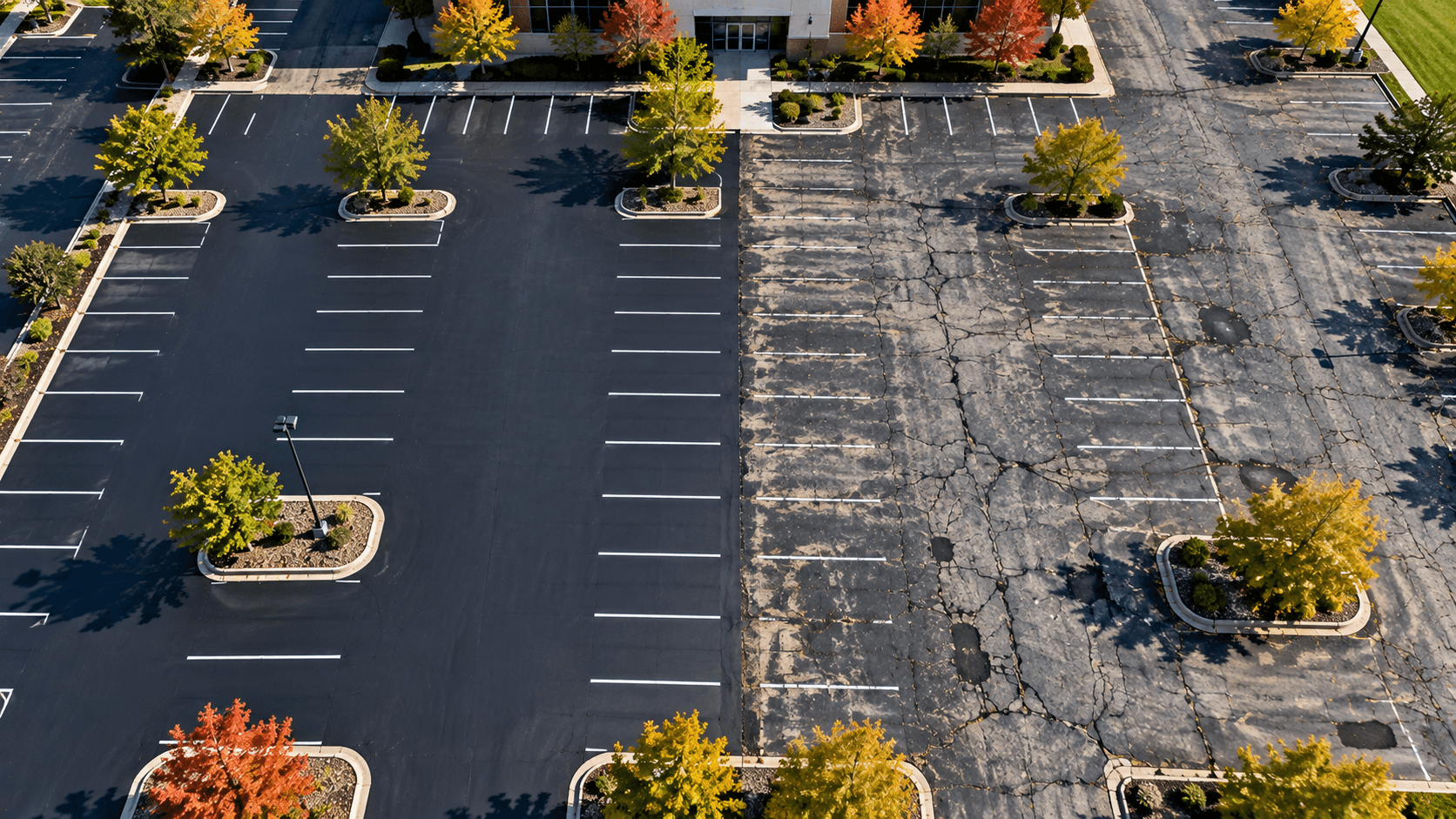 Comparison of a well maintained asphalt overlay against a neglected section on the same lot