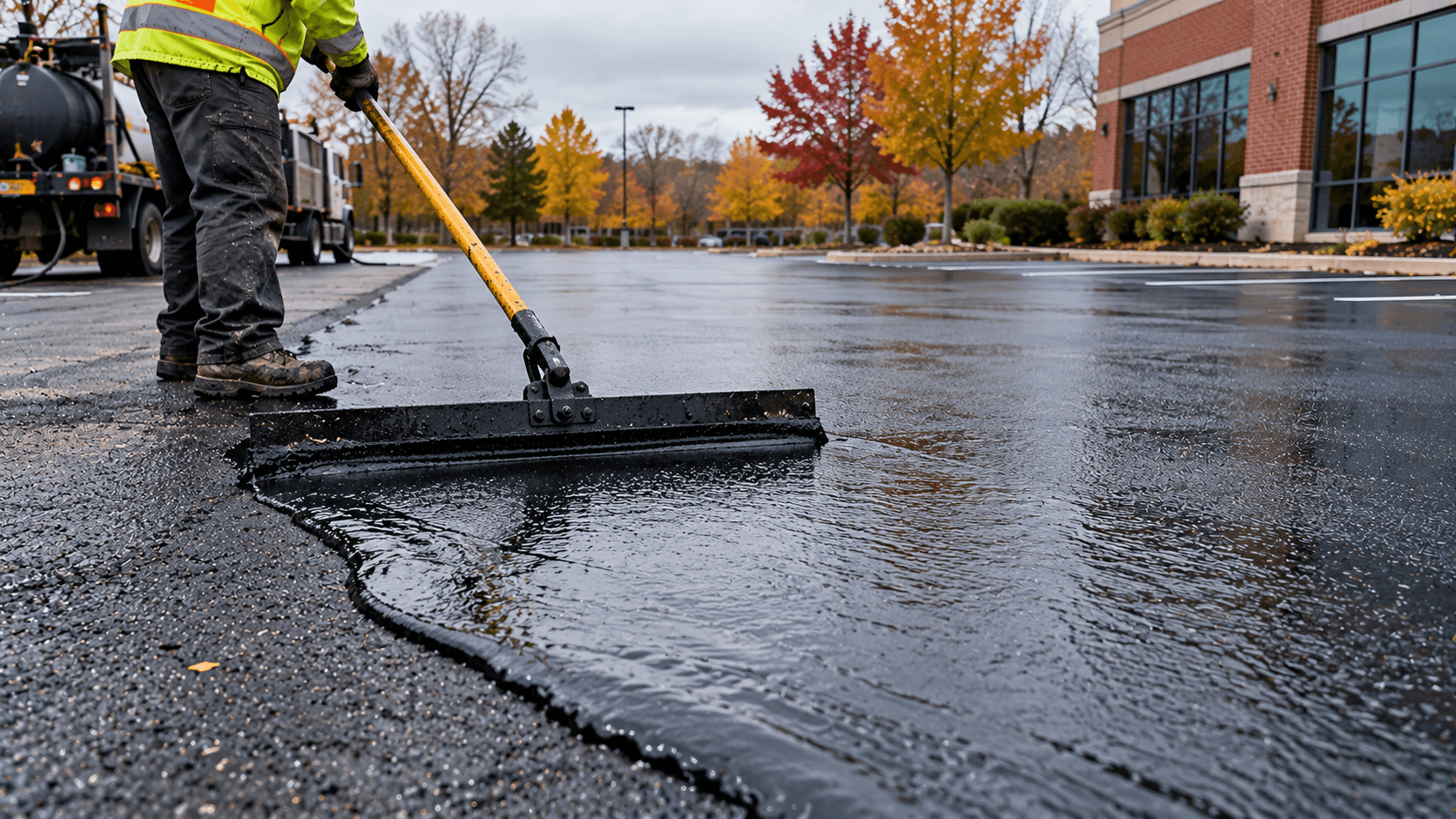 Commercial seal coating application during the final weeks of the fall season