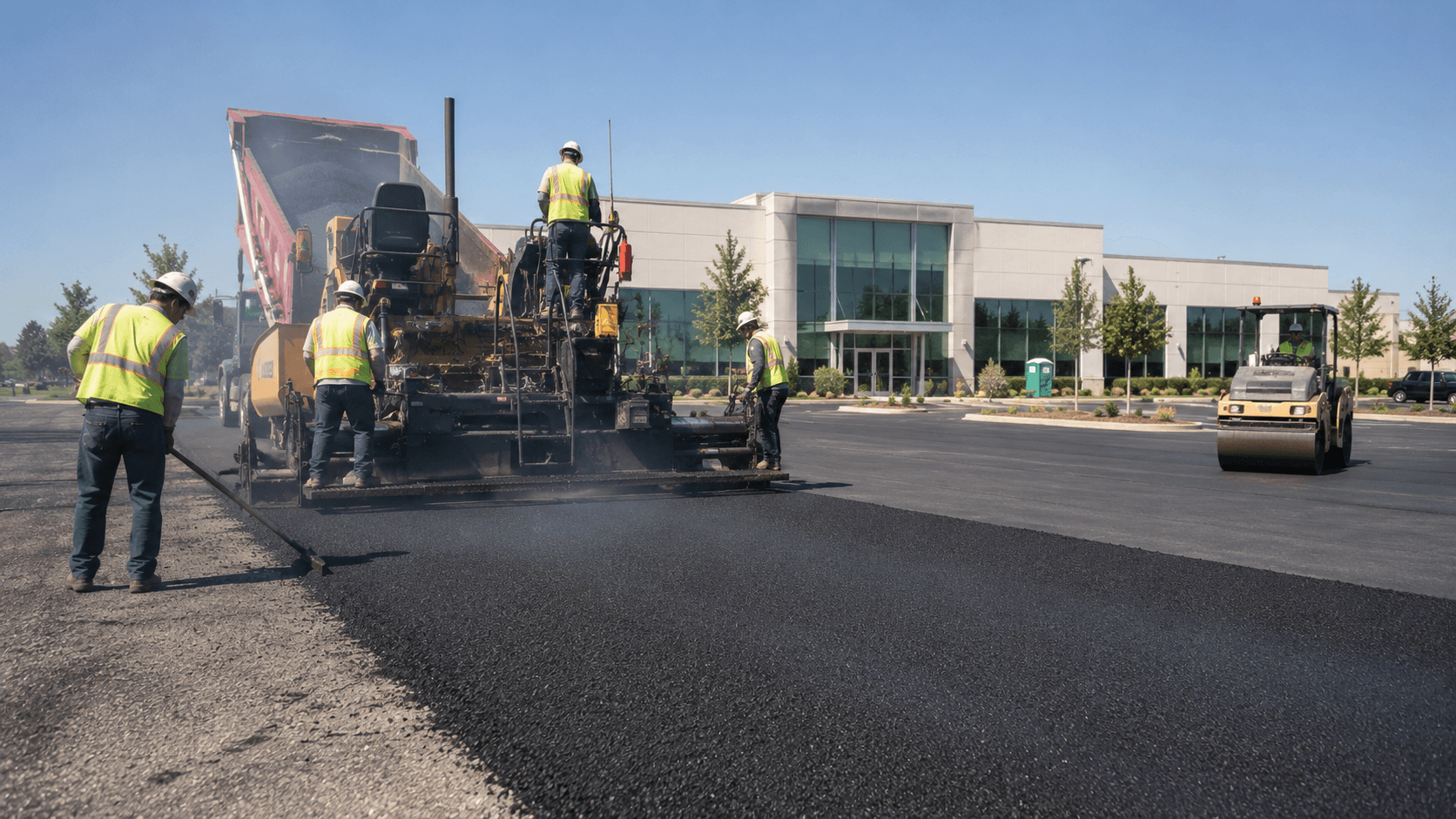 Commercial asphalt paving crew laying a new parking lot with a paver and rollers