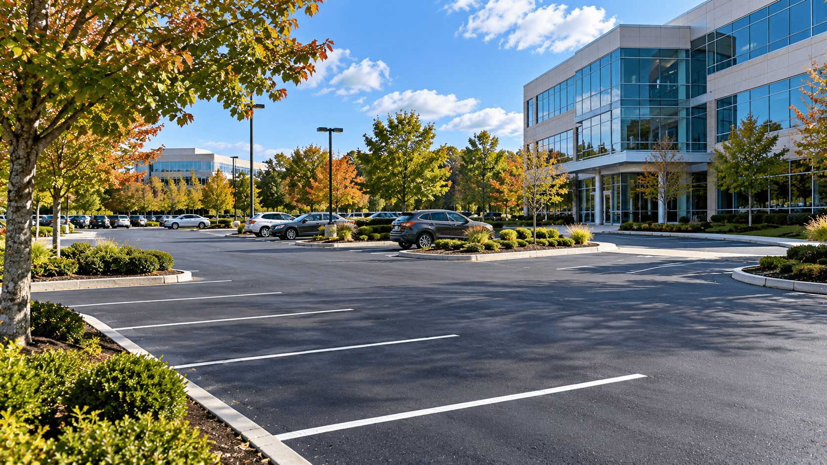 Corporate campus parking lot in Stamford Connecticut with clean striping and landscaping