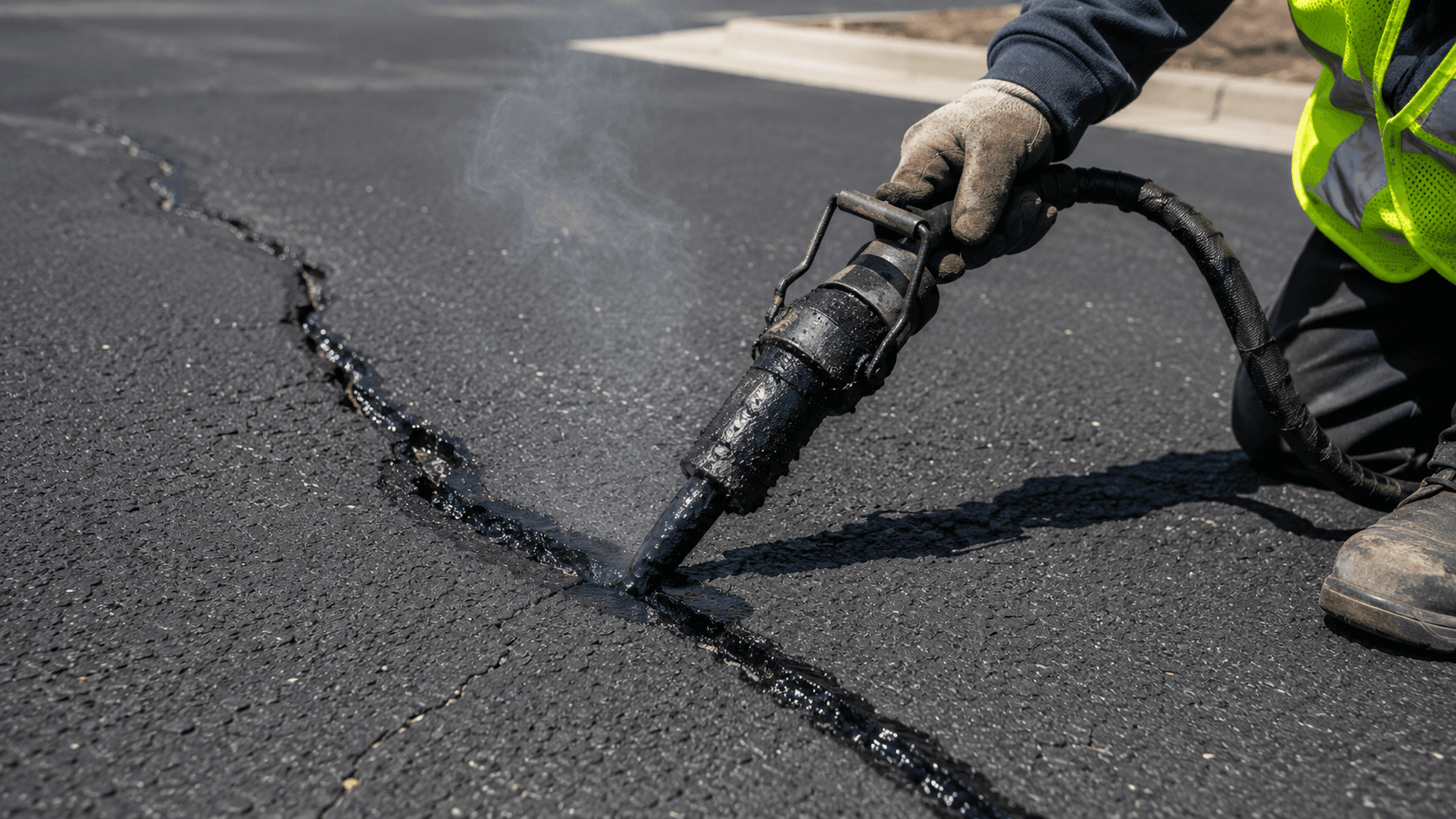 Hot rubber crack filling being applied to cracks in a commercial asphalt parking lot