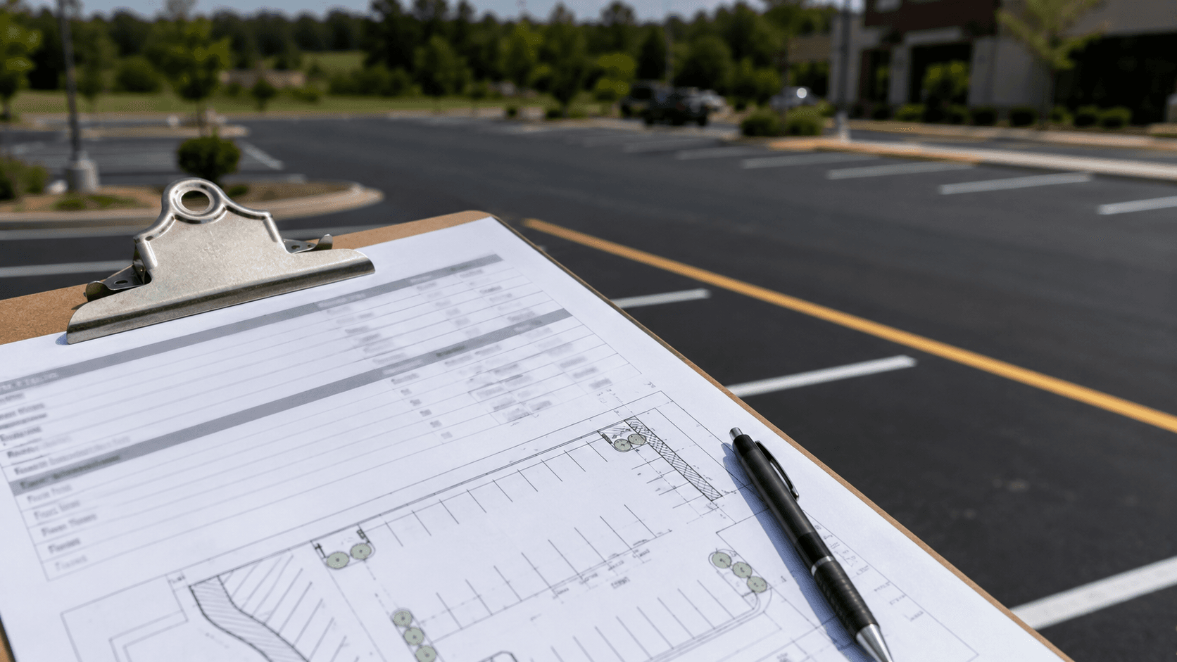 Detailed parking lot striping quote and layout diagram on a clipboard