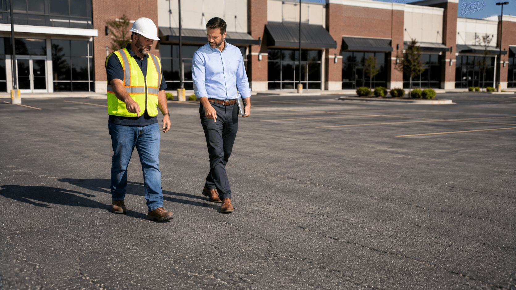 Contractor and property manager walking a commercial parking lot site during an assessment