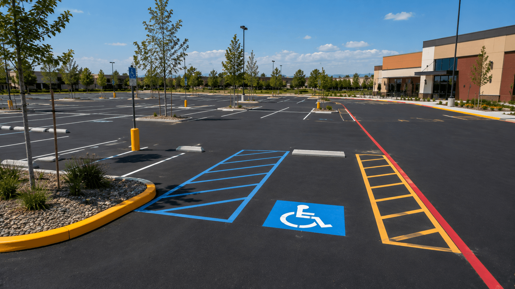 Commercial parking lot showing white, blue, yellow, and red painted lines and symbols