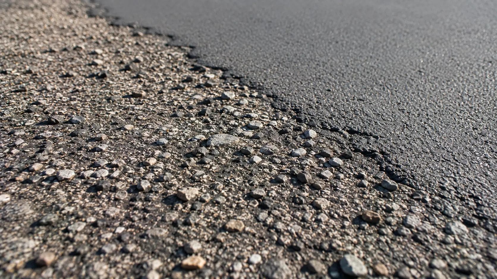 Commercial asphalt surface showing raveling and aggregate loss indicating advanced surface deterioration