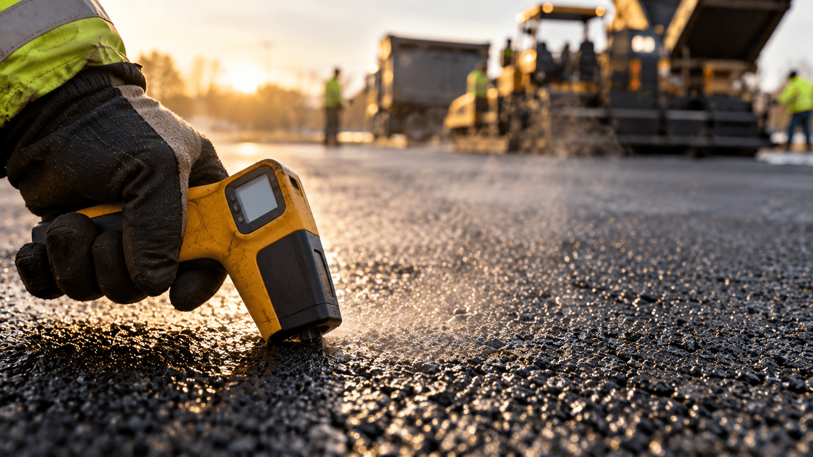 Checking asphalt mat temperature during a cold weather paving job