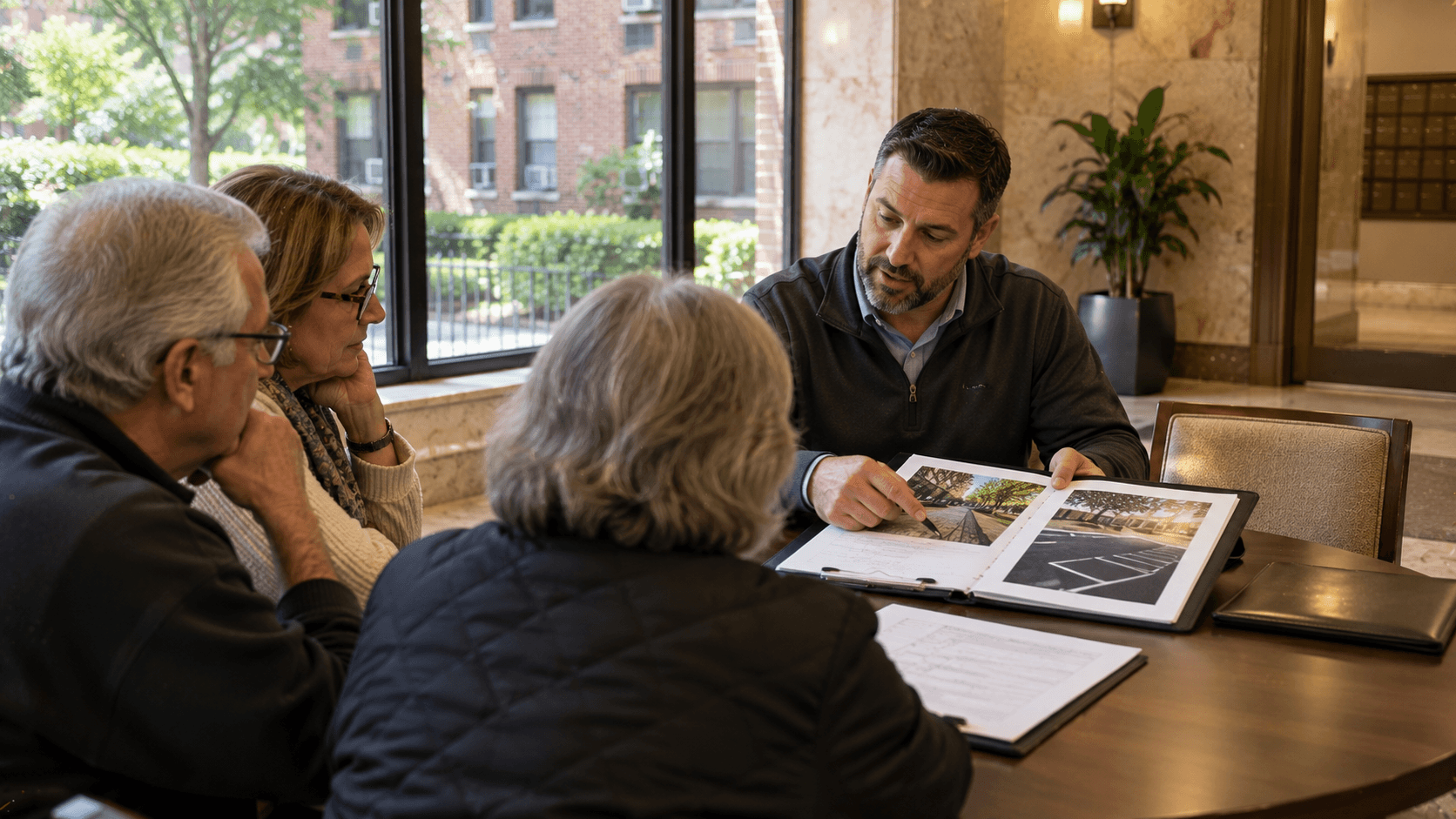 Property manager reviewing a paving proposal with a co-op board at a New York building